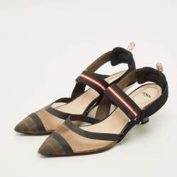 Pre Owned Fendi Colibri Size 40 Black/Brown Canvas and FF Mesh Slingback Pumps