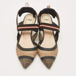 Pre Owned Fendi Colibri Size 40 Black/Brown Canvas and FF Mesh Slingback Pumps