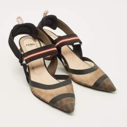 Pre Owned Fendi Colibri Size 40 Black/Brown Canvas and FF Mesh Slingback Pumps