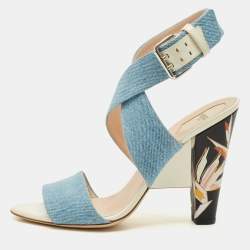 Pre Owned Fendi Size 41 Blue Denim Flora Detail Heel Ankle Wrap Sandals