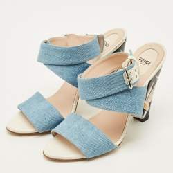 Pre Owned Fendi Size 41 Blue Denim Flora Detail Heel Ankle Wrap Sandals