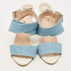 Pre Owned Fendi Size 41 Blue Denim Flora Detail Heel Ankle Wrap Sandals