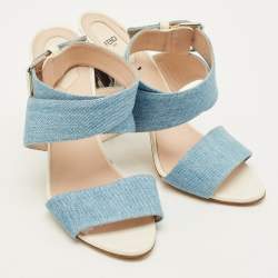 Pre Owned Fendi Size 41 Blue Denim Flora Detail Heel Ankle Wrap Sandals