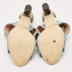 Pre Owned Fendi Size 41 Blue Denim Flora Detail Heel Ankle Wrap Sandals
