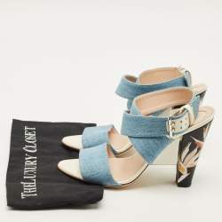 Pre Owned Fendi Size 41 Blue Denim Flora Detail Heel Ankle Wrap Sandals