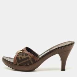 Pre Owned Fendi FF Size 38 Brown Canvas and Leather FF Logo Slide Sandals