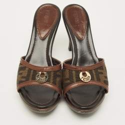 Pre Owned Fendi FF Size 38 Brown Canvas and Leather FF Logo Slide Sandals