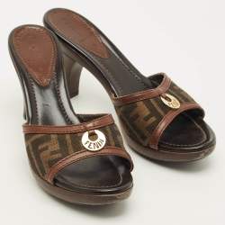 Pre Owned Fendi FF Size 38 Brown Canvas and Leather FF Logo Slide Sandals