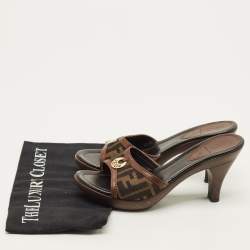 Pre Owned Fendi FF Size 38 Brown Canvas and Leather FF Logo Slide Sandals