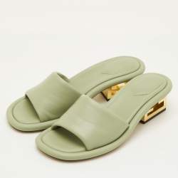 Pre Owned Fendi Baguette Heel Size 38 Light Green Leather Slide Sandals