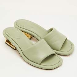 Pre Owned Fendi Baguette Heel Size 38 Light Green Leather Slide Sandals
