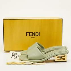 Pre Owned Fendi Baguette Heel Size 38 Light Green Leather Slide Sandals