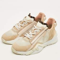 مملوكة مسبقًا Fendi Flow Size 39.5 Beige/White Fabric and Suede Lace Up Sneakers