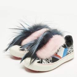 Pre Owned Fendi Flynn Size 38 Multicolor Faux Fur and Leather Low Top Sneakers
