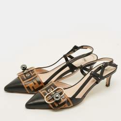 Pre Owned حذاء كعب عالي فندي جلد أسود/بيج حزام خلفي مقاس 38