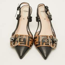 Pre Owned حذاء كعب عالي فندي جلد أسود/بيج حزام خلفي مقاس 38