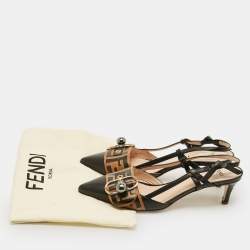 Pre Owned حذاء كعب عالي فندي جلد أسود/بيج حزام خلفي مقاس 38