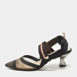 Pre Owned Fendi Colibri Size 35 Brown/Black Zucca Fabric Mesh Slingback Pumps