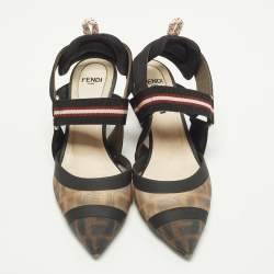 Pre Owned Fendi Colibri Size 35 Brown/Black Zucca Fabric Mesh Slingback Pumps