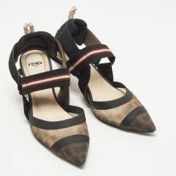 Pre Owned Fendi Colibri Size 35 Brown/Black Zucca Fabric Mesh Slingback Pumps