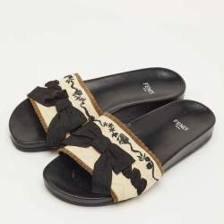 Pre Owned Fendi Size 37 Beige/Black Knit Fabric Bow-Tie Flat Slide Sandals