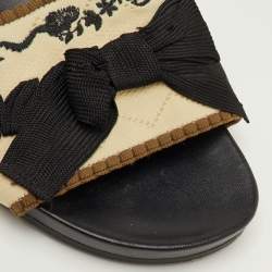 Pre Owned Fendi Size 37 Beige/Black Knit Fabric Bow-Tie Flat Slide Sandals