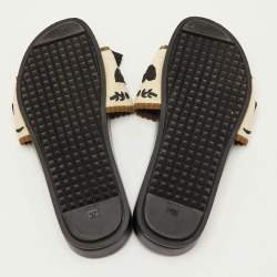 Pre Owned Fendi Size 37 Beige/Black Knit Fabric Bow-Tie Flat Slide Sandals