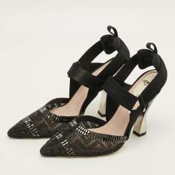 Pre Owned Fendi Colibri Size 39 Navy Blue Canvas and Mesh Crystal Embellished Slingback Pumps