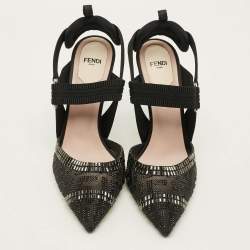 Pre Owned Fendi Colibri Size 39 Navy Blue Canvas and Mesh Crystal Embellished Slingback Pumps