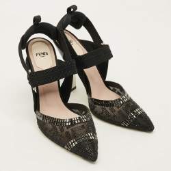 Pre Owned Fendi Colibri Size 39 Navy Blue Canvas and Mesh Crystal Embellished Slingback Pumps