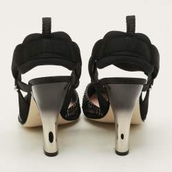 Pre Owned Fendi Colibri Size 39 Navy Blue Canvas and Mesh Crystal Embellished Slingback Pumps