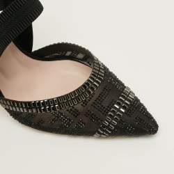 Pre Owned Fendi Colibri Size 39 Navy Blue Canvas and Mesh Crystal Embellished Slingback Pumps