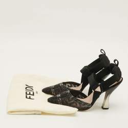 Pre Owned Fendi Colibri Size 39 Navy Blue Canvas and Mesh Crystal Embellished Slingback Pumps