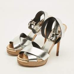 مملوكة مسبقًا Fendi Roman Size 36.5 Silver Leather Crisscrss  Ankle Strap Sandals