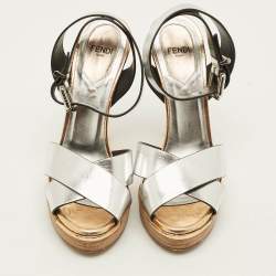 مملوكة مسبقًا Fendi Roman Size 36.5 Silver Leather Crisscrss  Ankle Strap Sandals