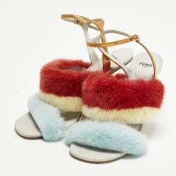 Pre Owned Fendi fendi first Size 39 Multicolor Leather Mink Fur and Python Embossed Leather Wedge Sandals