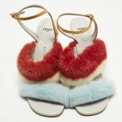 Pre Owned Fendi fendi first Size 39 Multicolor Leather Mink Fur and Python Embossed Leather Wedge Sandals