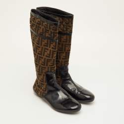 Pre Owned Fendi Size 40 Brown Zucca Fabric Patent Leather Knee Length Boots