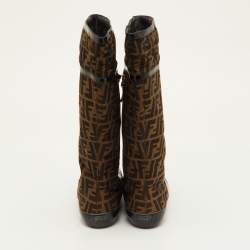 Pre Owned Fendi Size 40 Brown Zucca Fabric Patent Leather Knee Length Boots