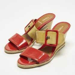 Pre Owned Fendi B Buckle Size 38 Red/Cream Patent Leather Wedge Sandals