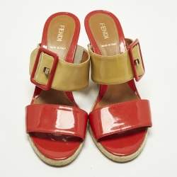 Pre Owned Fendi B Buckle Size 38 Red/Cream Patent Leather Wedge Sandals