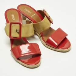 Pre Owned Fendi B Buckle Size 38 Red/Cream Patent Leather Wedge Sandals