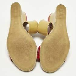 Pre Owned Fendi B Buckle Size 38 Red/Cream Patent Leather Wedge Sandals