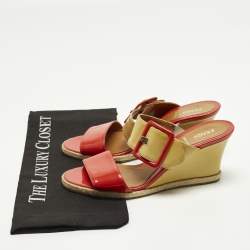 Pre Owned Fendi B Buckle Size 38 Red/Cream Patent Leather Wedge Sandals