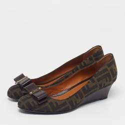 مملوكة مسبقًا حذاء كعب عالى فندي  كعب روكي جلد وكانفاس زوكا  بني مقاس 38.5