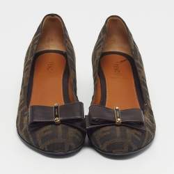 مملوكة مسبقًا حذاء كعب عالى فندي  كعب روكي جلد وكانفاس زوكا  بني مقاس 38.5