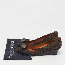 مملوكة مسبقًا حذاء كعب عالى فندي  كعب روكي جلد وكانفاس زوكا  بني مقاس 38.5