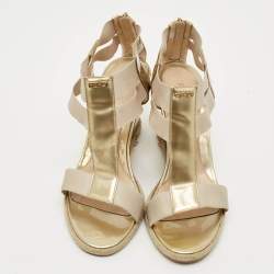 Pre Owned Fendi Size 38 Gold Elastic and  Patent Leather Wedge Sandals