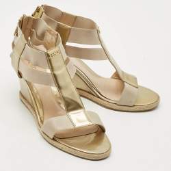 Pre Owned Fendi Size 38 Gold Elastic and  Patent Leather Wedge Sandals