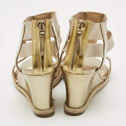 Pre Owned Fendi Size 38 Gold Elastic and  Patent Leather Wedge Sandals